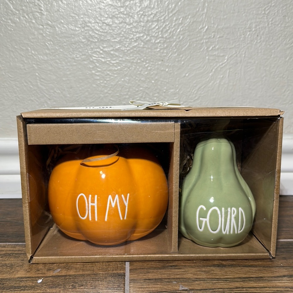 RAE DUNN Set Of 2 Ceramic Pumpkin And Gourd Decor